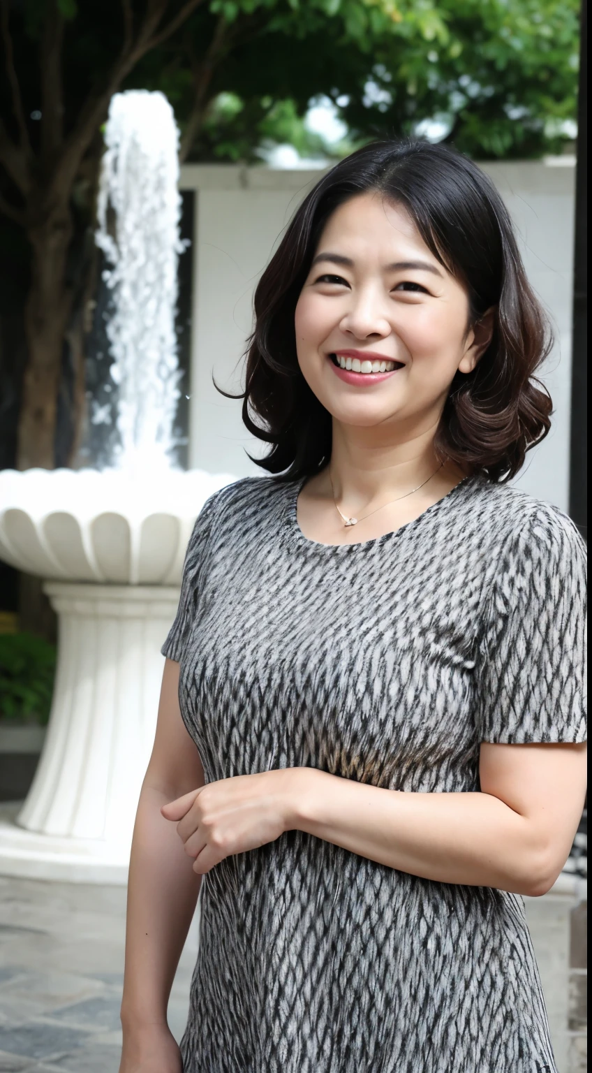 最high quality, In 8K, whole body, Real, Upper Body, high quality, High resolution, Detailed face, Detailed eyes, Thick lips, (Look at the viewers), alone, Middle-aged women, , 60 years old, , Wavy Hair, , Wearing short sleeves, Standing in front of a fountain, Wrinkles around the eyes, Smiling with teeth showing, Background Blur