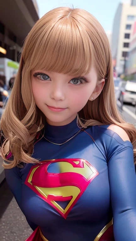 In the city、On the road、(Supergirl Uniform、Supergirl Costume、supergirl cosplay、Mini skirt outfit、supergirl costume、Sexy super girl college )、Off the shoulder、Cleavage、1 girl、Medium breast、Bob Hair、masterpiece:1.3、Raw photo、Highest quality、Highest quality、Detailed image quality、Detailed Background、Walking in front of Shibuya Station、