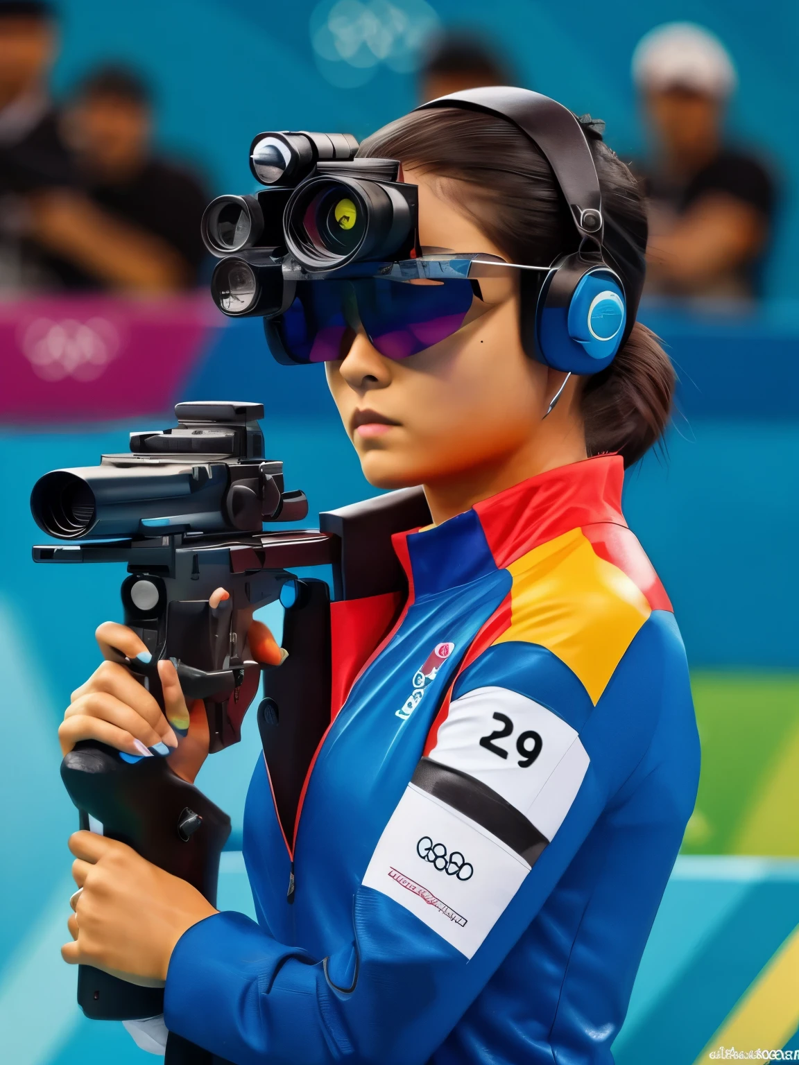 a girl at olympic games competition, shooting competition, pointing a gun, wearing eyewear with pistol sights, the eyewear is full of camera lens 