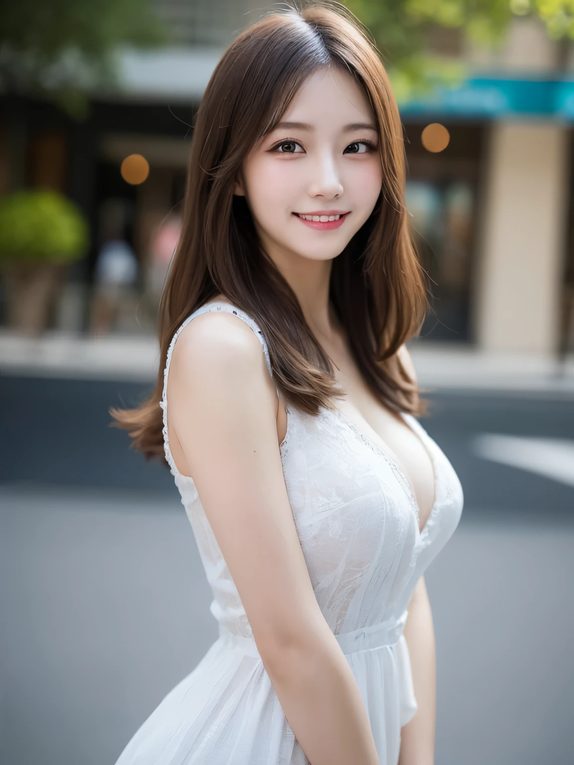 Tabletop, Highest quality, figure, Very detailed, In detail, High resolution, 8k wallpaper, Perfect dynamic composition, Beautiful attention to detail, dress,Medium Hair, Big Breasts, Natural color lip, Random sexy poses,smile,Aoyama Street Walk、20-year-old girl