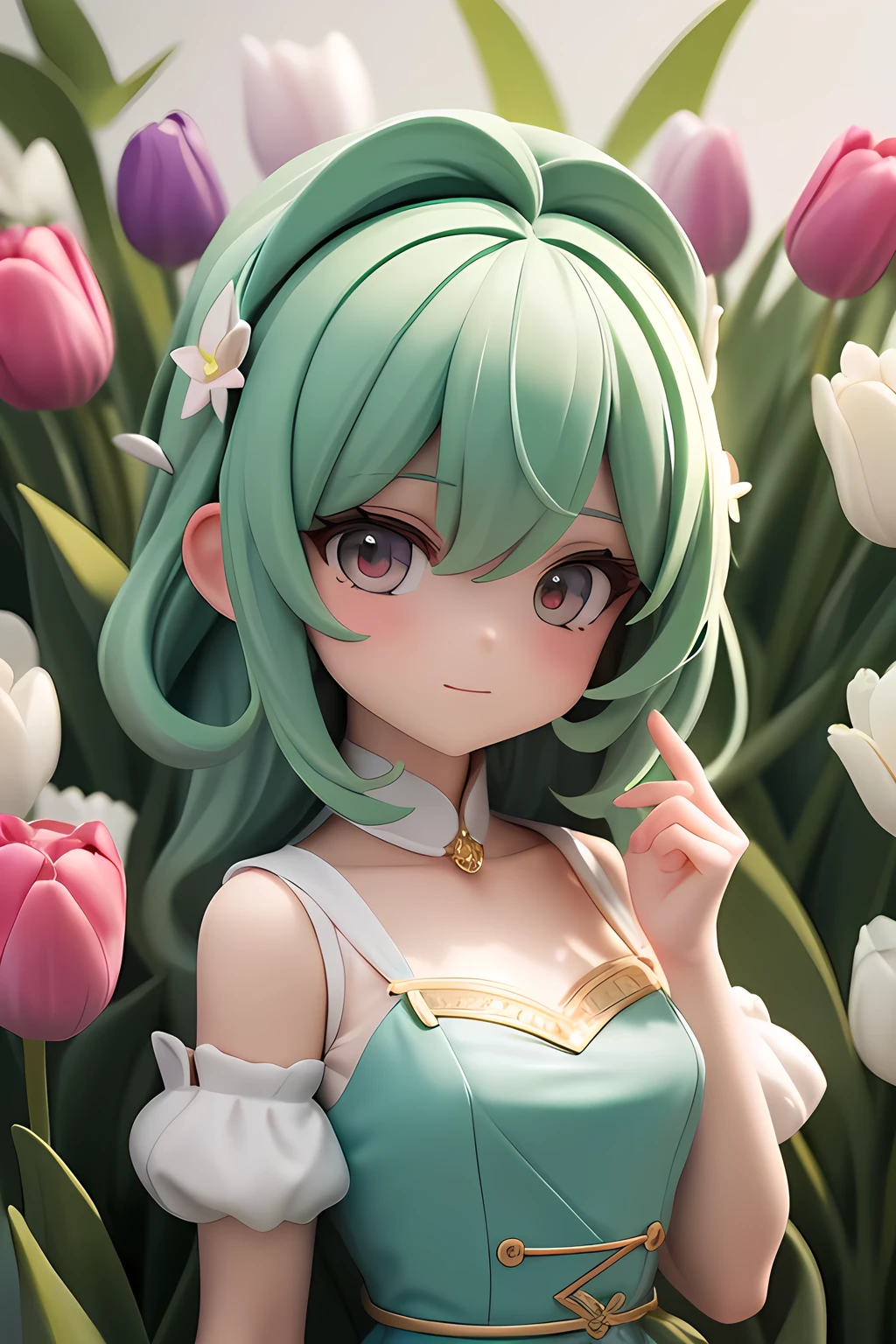 a Thumbelina, she born from a tulip flower, (micro princess:1.2), beautiful face, best quality, top quality, 8k, high resolution, ultra detailed, extremely detailed, tulips in the background