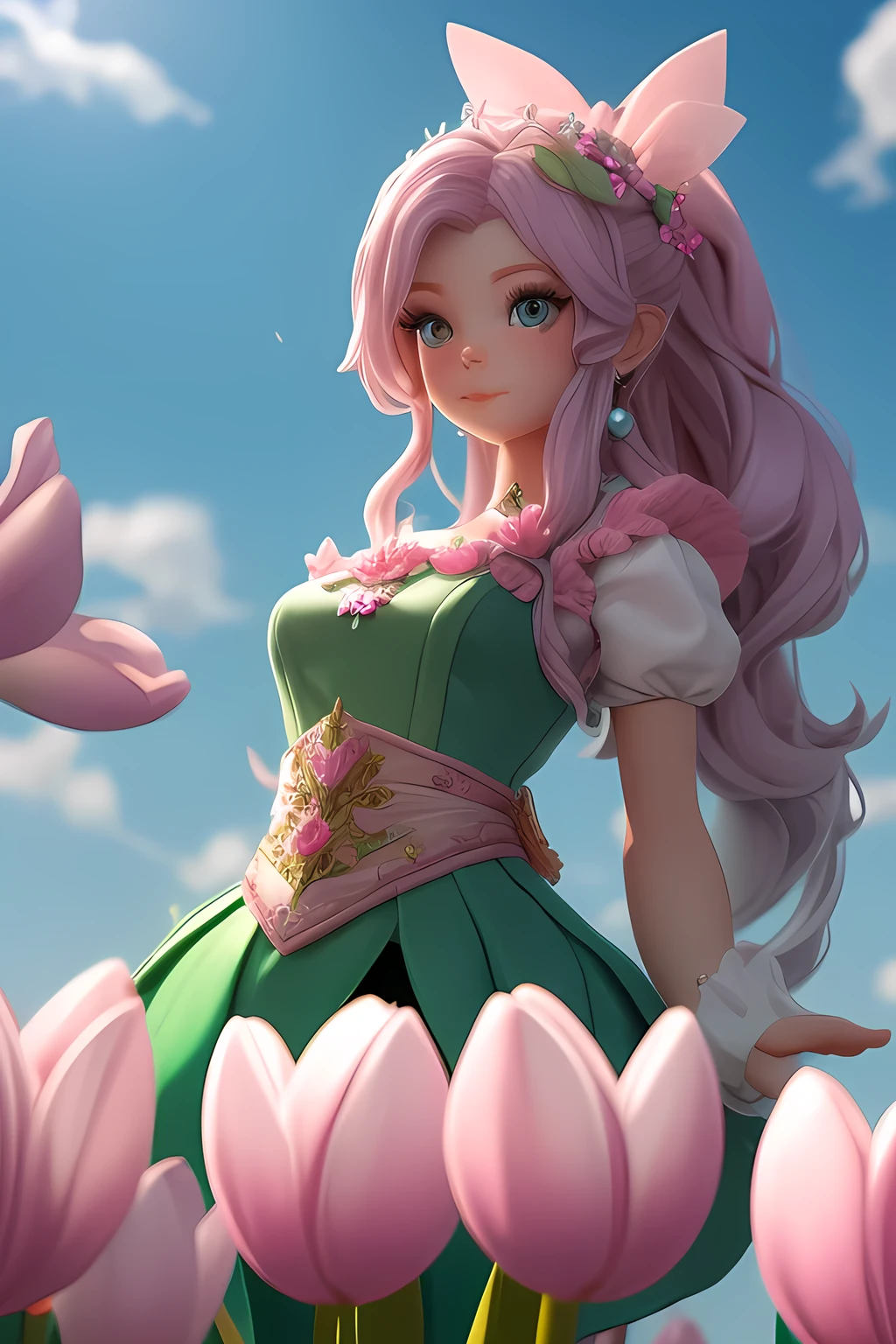 a Thumbelina, she born from a tulip flower, (micro princess:1.2), beautiful face, best quality, top quality, 8k, high resolution, ultra detailed, extremely detailed,