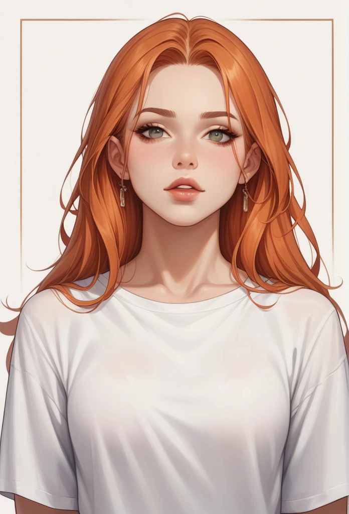 Stylized digital portrait of a woman with fair skin and straigth ginger hair, the hair fringe cover her forehead. The subject is wearing, a white shirt with a clevage, that is fancy and sexy. she have a confident expression with slightly parted lips and a relaxed posture. The background is a solid, vibrant yellow, which contrasts with the subject's attire. The person ,. The overall composition is bold and striking, with a focus on the subject's face and upper body. easynegative, sinozick style, flat color, dark theme, g4n1m3