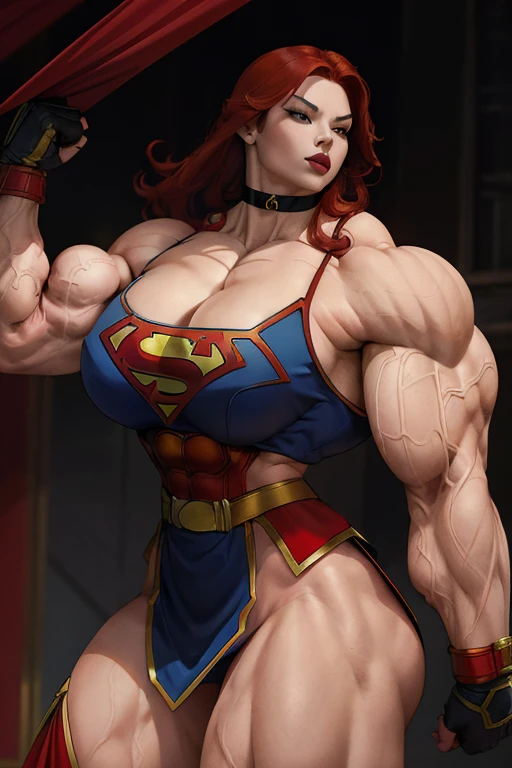 (((Close-up))), tall, (red hair) beautiful muscular asian woman, long hair, pale white skinned, closed smile, large breast, (black lipstick), (massive muscles), (hyper muscle), ((ginormous bulky muscles)), yellow eyes, (((red supergirl suit))), (red supergirl skirt), gauntlets, choker, boots, (in fortress of solitude)