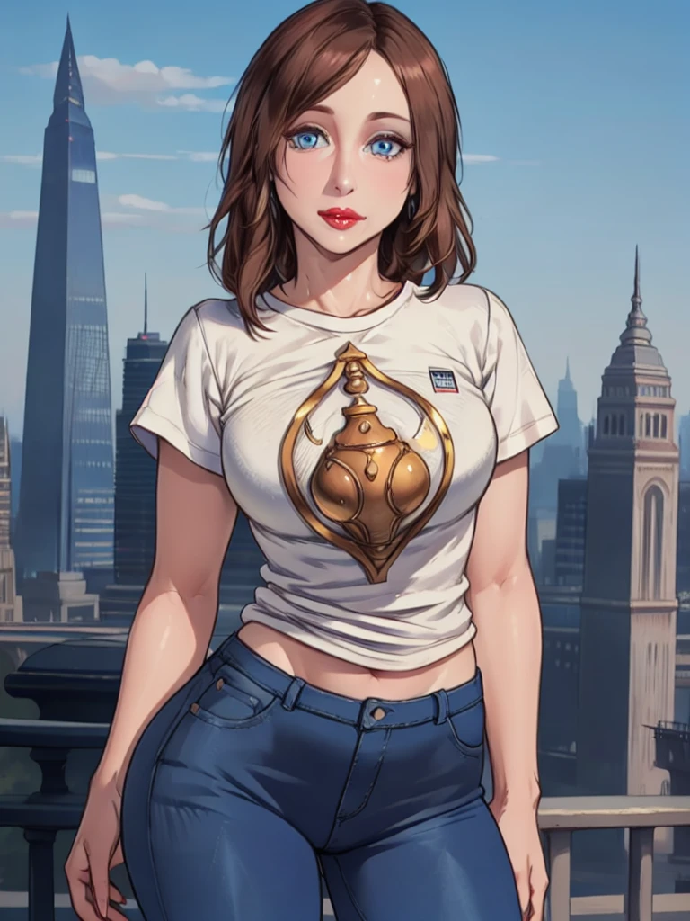 (((front view))). (((perfect anatomy, anatomically correct, super detailed skin))), v3r4f, Vera Farmiga. long hair, ((solo)), ((hourglass body,)), (alone). ((solo:1.5)),  ((city as background))), mature woman, detailed background, Obelisk in the background, big red lips, brown hair, 1 girl, ((white tshirt:1.5)), [[[(((big hips)))]]]], BREAK, (wearing jeans), waving, hourglass body, shiny skin, watching the viewer, beautiful hair, beautiful face, beautiful detailed eyes, blue eyes, babyface, , beautiful body,standing, (beautiful scenery), 8k, top quality, masterpiece​:1.2, extremely detailed), beautiful illustration, natural lighting, ,(high detailed skin:1.2)  