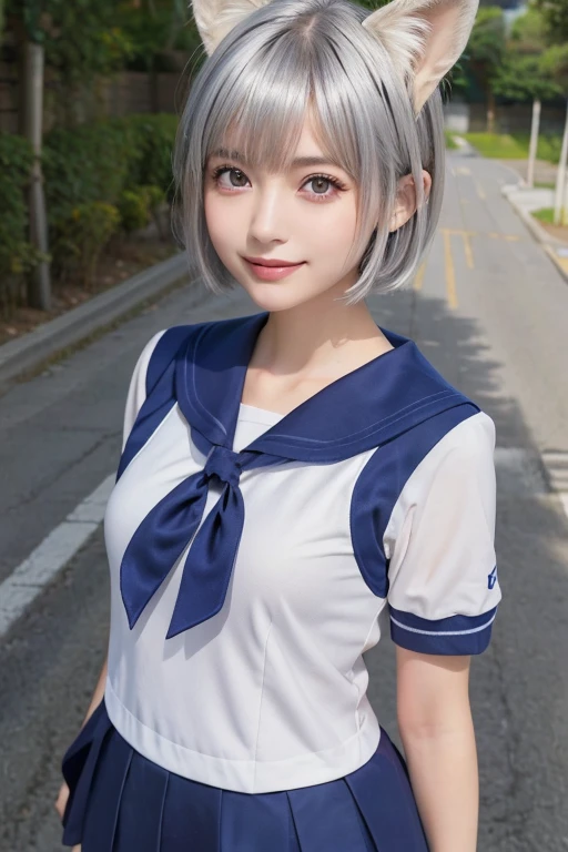 (Silver Hair))、((short hair))、Fox Ears、(Sailor suit:1.2)on the road、Highly detailed face、Pay attention to the details、double eyelid、Beautiful thin nose、Sharp focus:1.2、Beautiful woman:1.4、Pure white skin、Highest quality、masterpiece、Ultra-high resolution、(Realistic:1.4)、Highly detailed and professional lighting、nice smile、Japanese school girl uniform