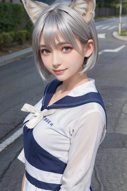 (Silver Hair))、((short hair))、Fox Ears、(Sailor suit:1.2)on the road、Highly detailed face、Pay attention to the details、double eyelid、Beautiful thin nose、Sharp focus:1.2、Beautiful woman:1.4、Pure white skin、Highest quality、masterpiece、Ultra-high resolution、(Realistic:1.4)、Highly detailed and professional lighting、nice smile、Japanese school girl uniform