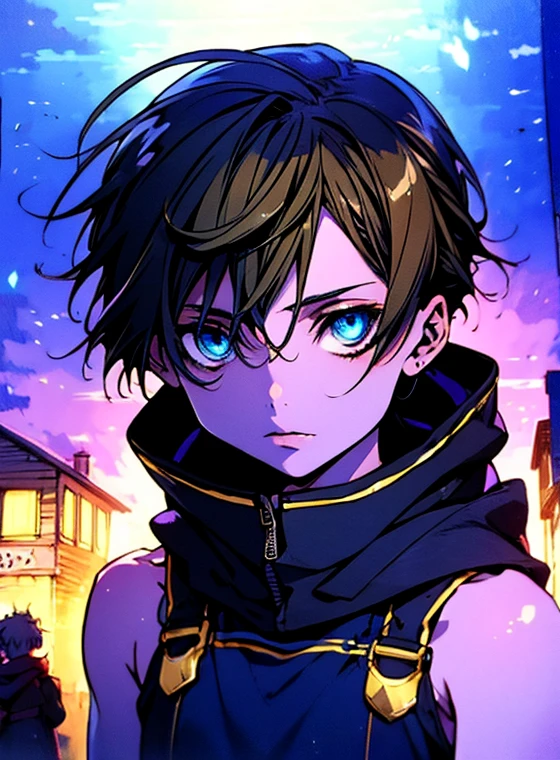An 11-year-old boy with golden hair, Center-parted hairstyle, a cunning gaze, a slender figure, a fantasy-realistic style blue sleeveless vest with a hood, a yellow-green undershirt, blue jeans, Within a medieval town of fantasy style, this character embodies a finely crafted child with a fantasy-realistic style in anime style, characterized by an exquisite and mature manga illustration art style, full body character drawing, high definition, best quality, highres, ultra-detailed, ultra-fine painting, extremely delicate, professional, anatomically correct, symmetrical face, extremely detailed eyes and face, high quality eyes, creativity, RAW photo, UHD, 8k, Natural light, cinematic lighting, masterpiece-anatomy-perfect, masterpiece:1.5