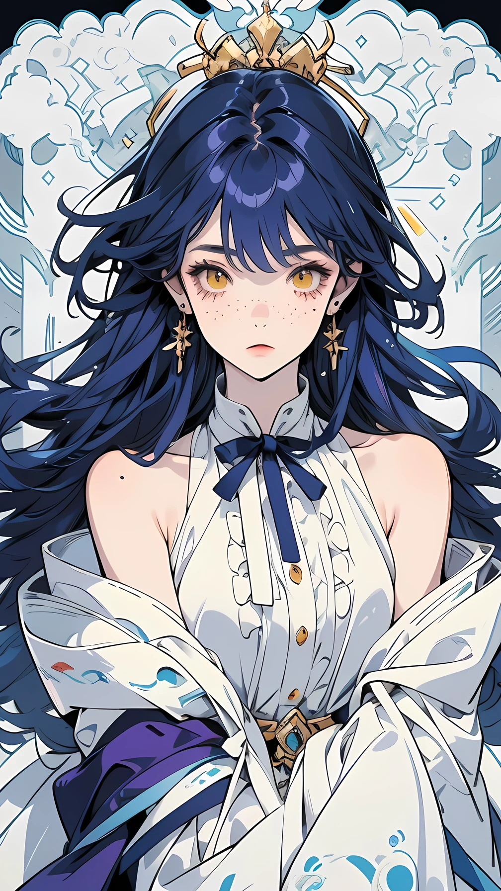 anime girl 20 years old with narrow yellow eyes, a smoll mole under the eye, bruises under the eye, inconspicuous freckles on the nose, straight dark purple-blue hair below the shoulders and oblique long bangs covering the left eye, pale skin, tired look, breasts of the second size, low height, 4k