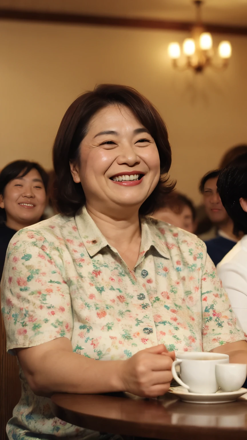 8k wallpaper, masterpiece, Highest quality, Very detailed, One Mature Woman, 50 years old, Become very clear, Wearing a spring-like shirt, Skin dents, Captivating smile, Looking at the audience, , Plump, Curvaceous, Attractive face, Smiling with teeth showing, I was happy, sitting in a cafe, Background Blur