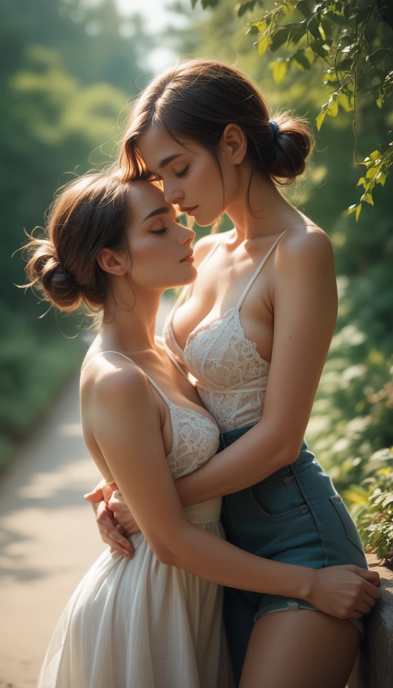 deux femmes de 25 ans, Emma Watson et Nathalie Portman, chef d'oeuvre, ultra réaliste, HD, masterpiece, topless, nude, nue, dans une foret, sous la pluie, corps mouillé, cheveux mouillés, maquillage coulant, s'enlaçant, kissing, carressing the chest, mud bodypainting