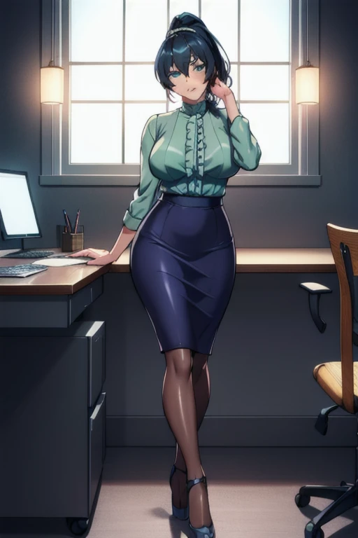 (high quality:1.1),  intricate details,  cinematic lighting, sharp focus,
IgawaAsagi, 1girl, solo, standing, full body, sitting, on chair,
looking at viewer, determined,
hair up, folded ponytail, short hair, hair between eyes,  black hair, blue hair, green eyes,
white blouse, frills, pencil skirt, pantyhose, high heels,
curvy, large breasts, (covered nipples:1.1)
indoors, office, day, window,
 