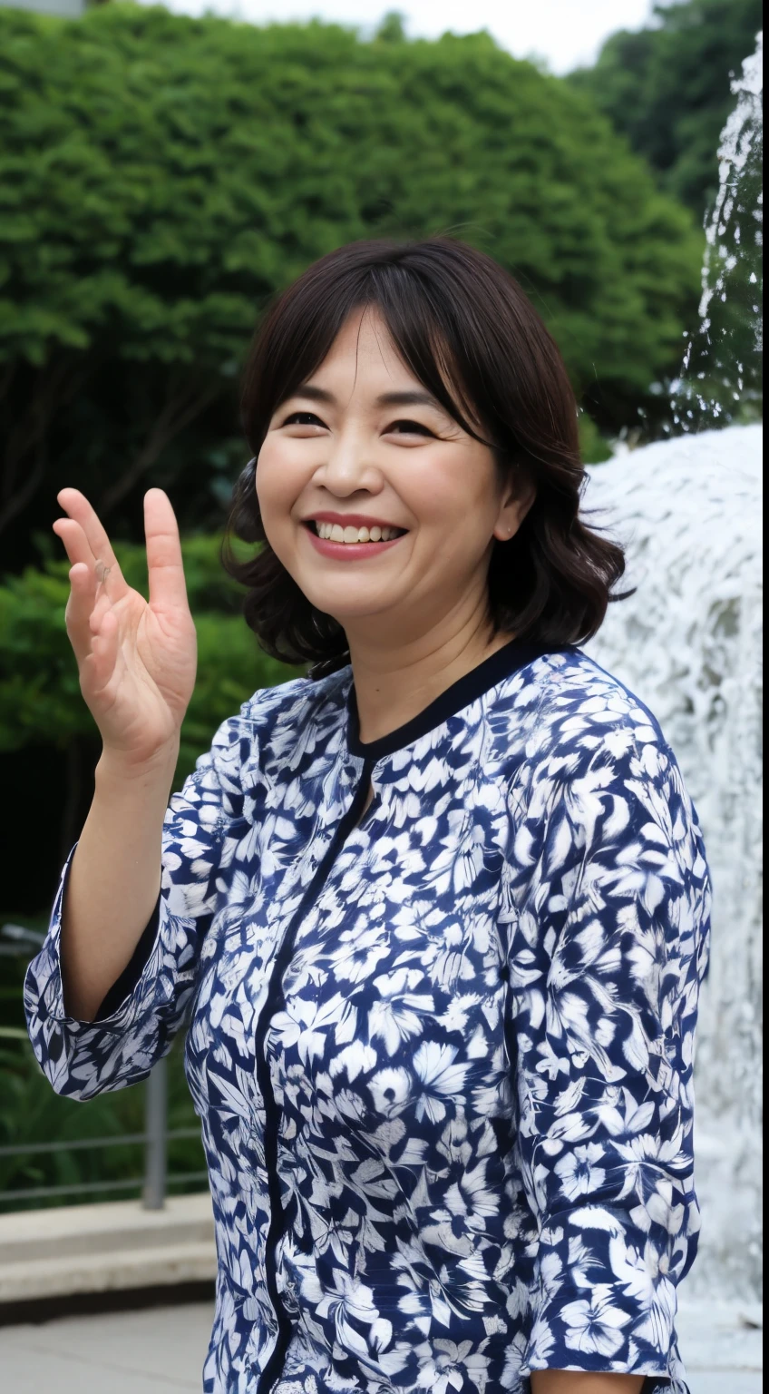 最high quality, In 8K, whole body, Real, Upper Body, high quality, High resolution, Detailed face, Detailed eyes, Thick lips, (Look at the viewers), alone, Middle-aged women, , 60 years old, , Wavy Hair, , Wearing short sleeves, Standing in front of a fountain, Wrinkles around the eyes, Smiling with teeth showing, Background Blur