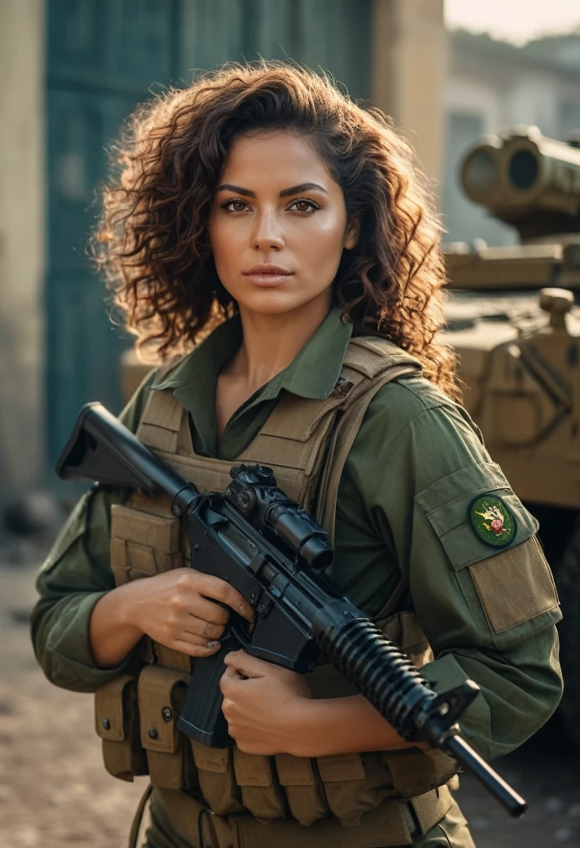 A Brazilian woman with long curly brown hair and brown eyes, brunett, 30 years old, tanned, beautiful latin face, attractive female face, dressed in military attire, gun in hand, atmospheric, army capitain, army aesthetic, golden hour, Dramatic lighting reminiscent of Call of Duty and Escape from Tarkov Private Military Company (PMC), on the right arm, there is volumetric lighting, soft glow, Depth of field, highly detailed photograph, low-contrast, pastel colours, como Kodak Portra 400, in 8K resolution, looking ahead at viewer, perfect hands, war zone background, Brazilian military INFO