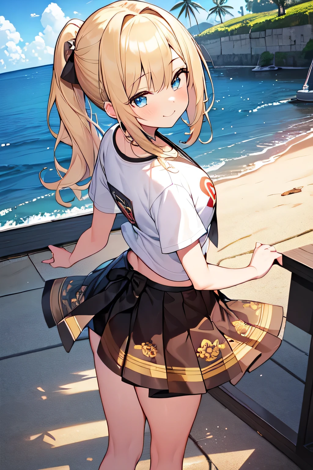 masterpiece,(High-quality depth maps:1.1), Highest quality, Very detailed,unity 8k wallpaper,crISp,(change:1.2),(Beautiful Eyes), ((cute)), cute, (Lovely), ((sexly)), (device),
(Ultra-detailed), (Best illustrations), (Best Shadow),whole body,A girl in a mini skirt being interviewed in the park.bionde、Short sleeve T-shirt with half sleeves and buttons Alphabet print、ultra-ISetaileIS,(masterpiece:1.2) , (Highest quality:1.2) , (ultra-ISetaileIS:1.4), 2.5D,extremely ISetaileIS,アニメ,girl,blonIS hair,siISe ponytail,BREAK,reIS eyes,BREAK,Beach,比基尼,(Ass Focus:1.2),smile,:IS,leaning forwarIS