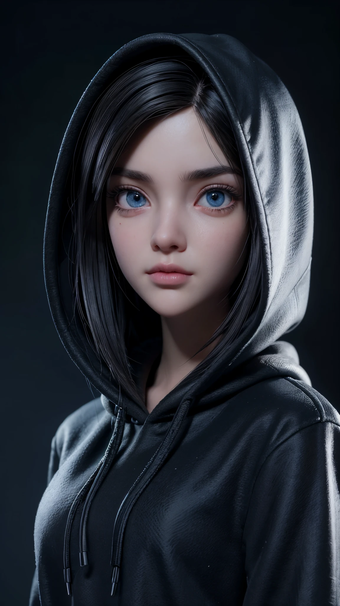 3D girl in a black hoodie with the hood up, with a hacker look gazing forward, dynamic lighting, blurred background, Pixar style, extremely detailed face, beautiful detailed eyes, beautiful detailed lips, long eyelashes, highly detailed, 8k, professional, photo-realistic, intricate, cinematic lighting, dramatic shadows, vibrant colors, cinematic composition