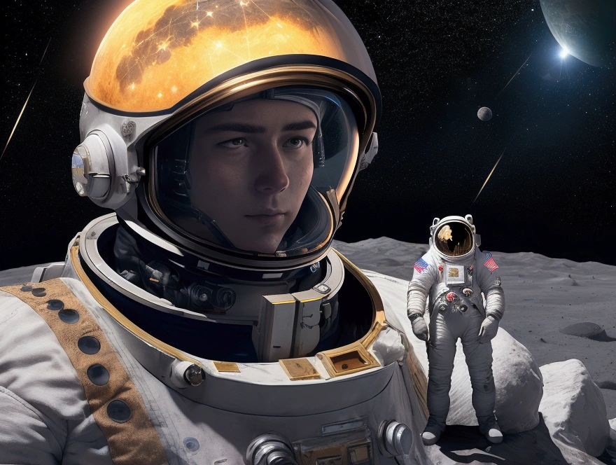 a guy on the moon with a spacesuit and a helmet in his hands. the background is space, stars and a falling meteorite . and to his left are flying cyberpunk advertising signs . Unreal Engine 5, highly detailed character, realistic 3D style, close-up character, stylized 3D, rendered in unreal engine
