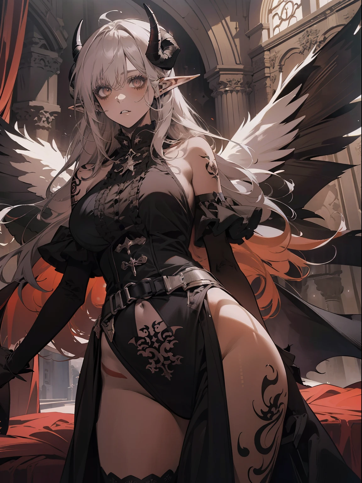 (masterpiece best quality, ultra detaild, hight contrast, high resolution, official illustration:1.4), upperbody, (beautiful detailed face), (detailedeyes, face detailed:1.2), (extremely detailed hair:1.2), (demon girl), (girl with horns, goat horns), [Character] Hindenburg (azur lane) lora, 1girl, (独奏:1.4), (grown-up, milf:1.3), (olhos rots), (cabelo rot), (very long hair, Messy hair), (pointy ears, elf ears), (breasts big), (one-piece medieval dress, thigh slit), (black wings on the back, Wings of fallen angel), skin tanned, suntanned, (tattoo's, muitas tattoo's no corpo, tattoo's por todo o corpo) Foto blackw e branco da  no castelo tenebrosa, grimdark, tenebrosa, limited-palette, (rot, blackw), (horor), (grimdark), bloodstains, occult, demon