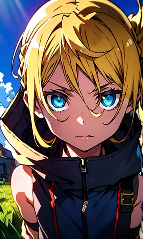 An -yeld boith golden hair, Center-parted hairstyle, a cunning gaze, a slender figure, a fantasy-realistic style blue sleeveless vest with a hood, a yellow-green undershirt, blue jeans, Within a medieval town of fantasy style, this character embodies a finely crafted child with a fantasy-realistic style in anime style, characterized by an exquisite and mature manga illustration art style, full body character drawing, high definition, best quality, highres, ultra-detailed, ultra-fine painting, extremely delicate, professional, anatomically correct, symmetrical face, extremely detailed eyes and face, high quality eyes, creativity, RAW photo, UHD, 8k, Natural light, cinematic lighting, masterpiece-anatomy-perfect, masterpiece:1.5