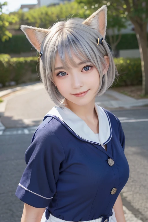 (Silver Hair))、((short hair))、Fox Ears、(Summer sailor suit:1.2)on the road、Highly detailed face、Pay attention to the details、double eyelid、Beautiful thin nose、Sharp focus:1.2、((Please unbutton all the buttons on your shirt.))、Beautiful woman:1.4、Pure white skin、Highest quality、masterpiece、Ultra-high resolution、(Realistic:1.4)、Highly detailed and professional lighting、nice smile、Japanese school girl uniform