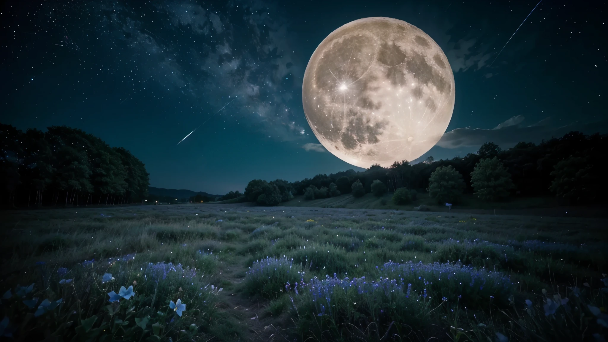 There is a big bright full moon in the middle.、There are some bushes with blue flowers in the field.. A beautiful sky full of stars. At night