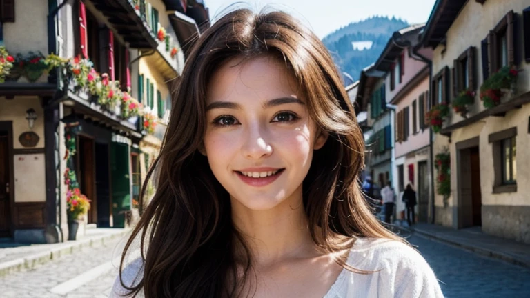 masterpiece, Best Quality, Photorealistic, Ultra-detailed, finely detailed, High resolution, 8K Wallpaper, 1 beautiful woman, light brown hair, sharp focus, Perfect dynamic composition, Beautiful detailed eyes, detailed hairs, Detailed realistic skin texture, Smiling, portrait, Model body type, Take a walk in a small village of Switzerland,