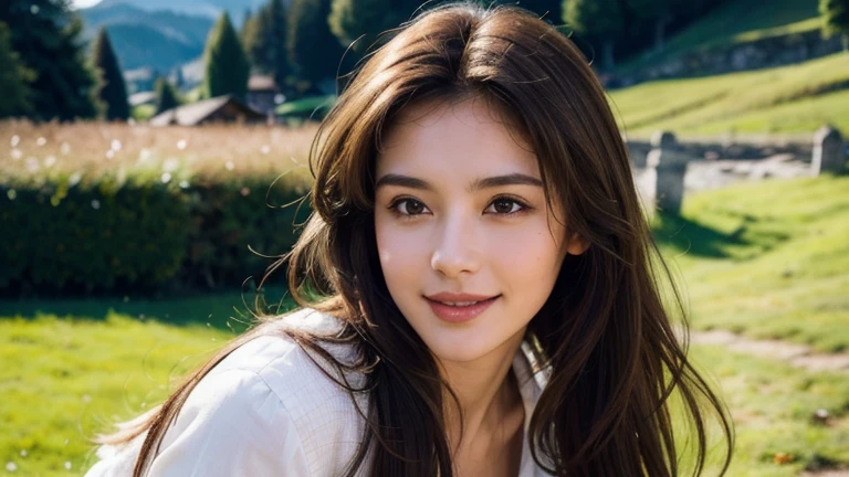 masterpiece, Best Quality, Photorealistic, Ultra-detailed, finely detailed, High resolution, 8K Wallpaper, 1 beautiful woman, light brown hair, sharp focus, Perfect dynamic composition, Beautiful detailed eyes, detailed hairs, Detailed realistic skin texture, Smiling, portrait, Model body type, Take a walk in a small village of Switzerland,