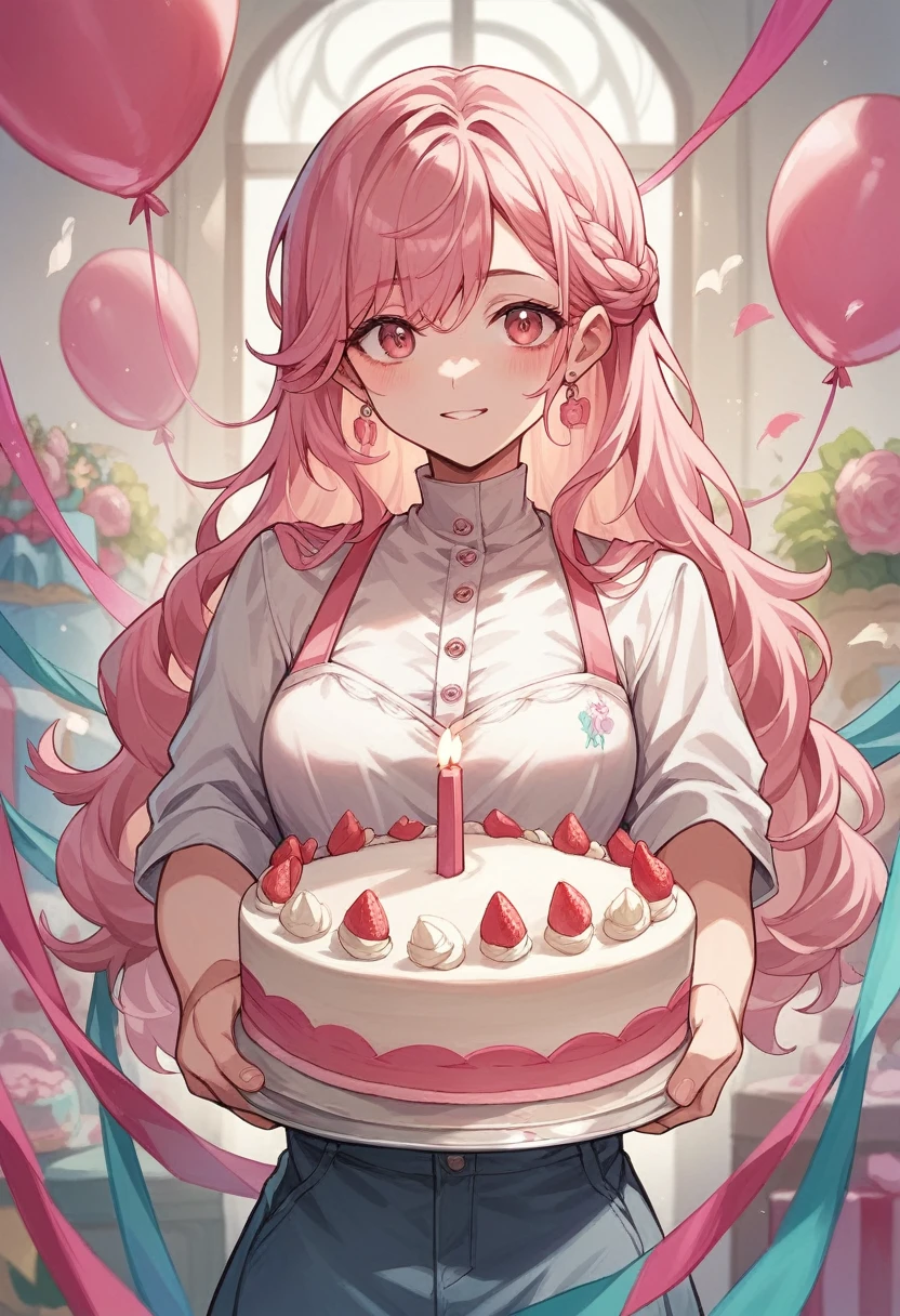 Young Woman Holding a Birthday Cake. PINK Birthday Theme Room With Baloons and Beautiful Decor.