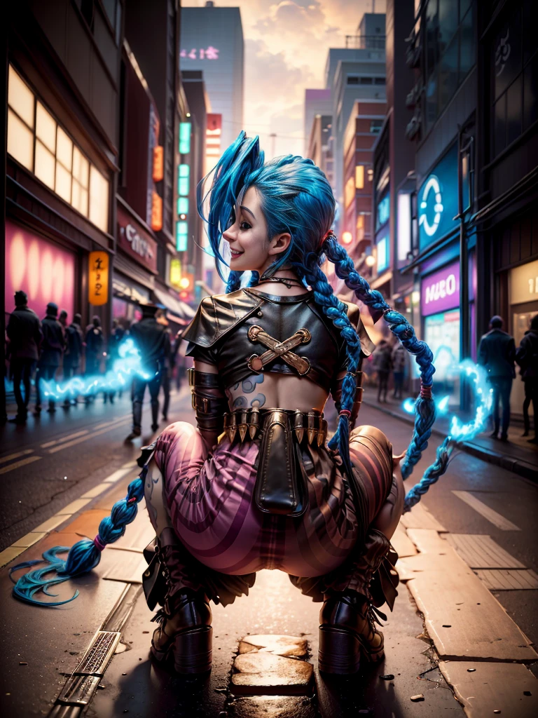((Jinx wears a Harajuku Tech costume), Cowboy-shot, wind, tousled hair, (Aesthetics and atmosphere:1.2),smiling, Laugh, from the back, crouching