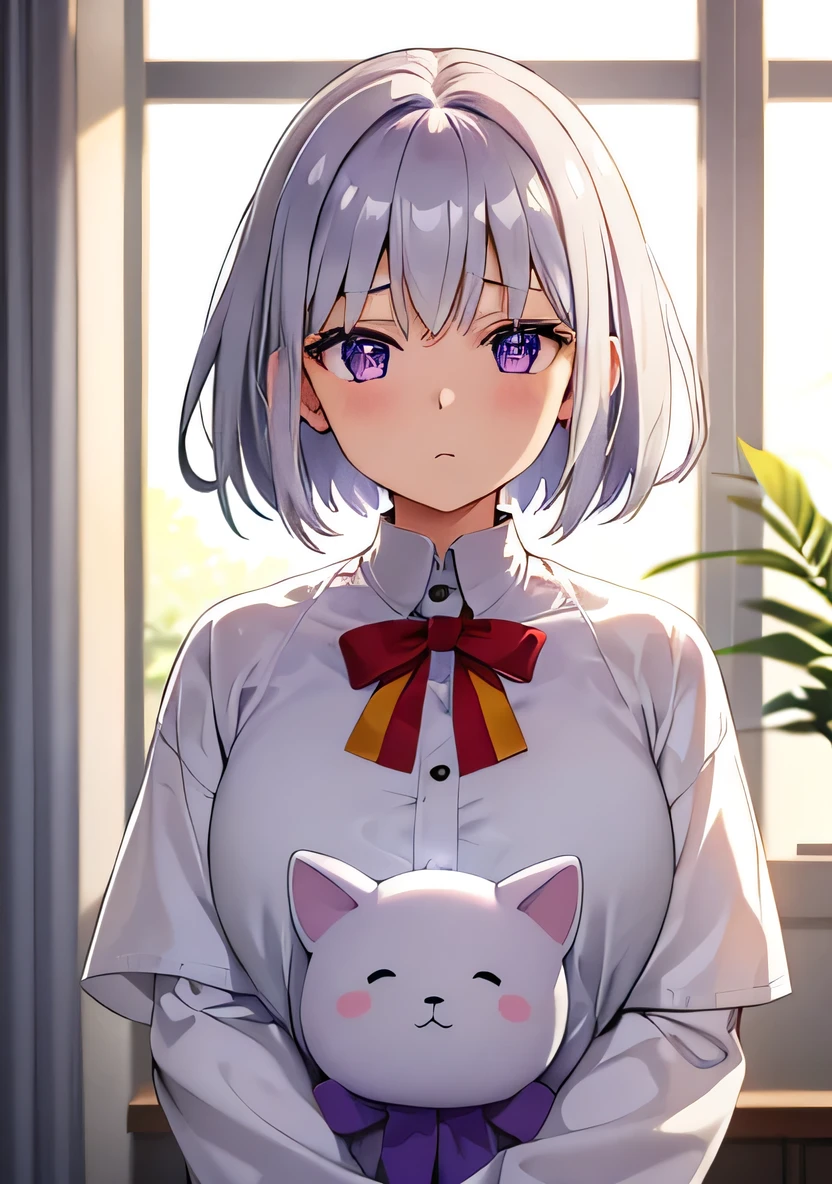 "A young woman with short silver hair and purple eyes、Standing in an oversized white shirt。She has a gold star-shaped accessory on her head.、In his left hand he is holding a blue stuffed toy。She looks a little sleepy、My cheeks are stained red。The background is bright、The soft light coming through the window creates a calming atmosphere.。”