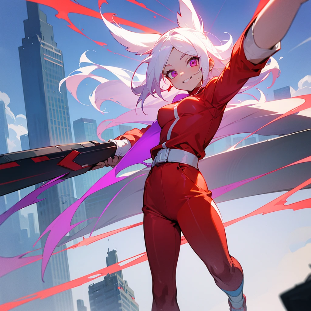 Screenshot of my hero academy , a young girl with white hair and a red streak and her eyes are red and her skin is light, She is wearing her heroine outfit and red sneakers., in the background you can see a building or city , Whole body, with a smile and friendly He has the super power of purple fire