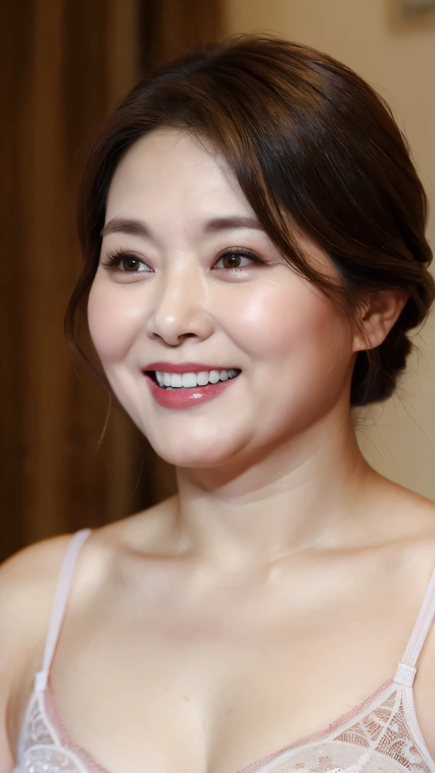 super high quality, Background Blur, In a hotel room, gravure, I'm sticking out my, 65 years old, ,Fat belly,Very plump, From the chest up, masterpiece, Highest quality, Very detailed, Realistic, Ultra-dense skin, Perfect Anatomy, Plump Mature Woman, Wrinkles around the eyes, , Big Breasts, In underwear, A shy toothy smile, Chubby, Glamour, sexy, Pure white skin, Looking at the audience,
