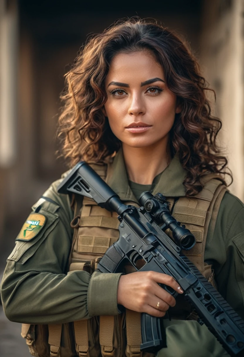 A Brazilian woman with long curly brown hair and brown eyes, brunett, 30 years old, tanned, beautiful latin face, attractive female face, dressed in military attire, gun in hand, atmospheric, army capitain, army aesthetic, golden hour, Dramatic lighting reminiscent of Call of Duty and Escape from Tarkov Private Military Company (PMC), on the right arm, there is volumetric lighting, soft glow, Depth of field, highly detailed photograph, low-contrast, pastel colours, como Kodak Portra 400, in 8K resolution, looking ahead at viewer, perfect hands, war zone background, Brazilian military, sniper INFO