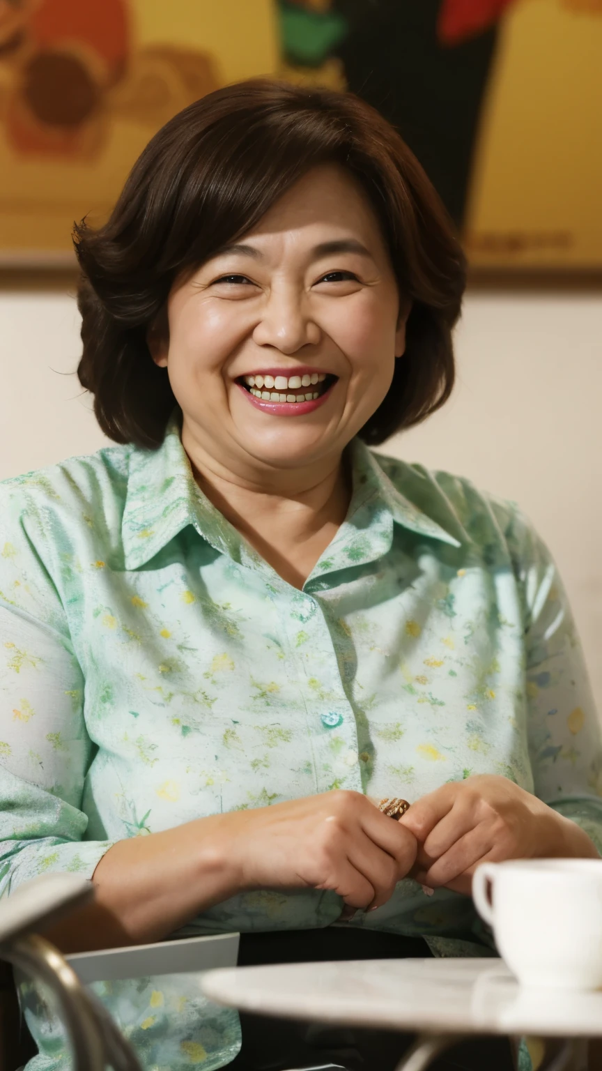 8k wallpaper, masterpiece, Highest quality, Very detailed, One Mature Woman, 50 years old, Become very clear, Wearing a spring-like shirt, Skin dents, Captivating smile, Looking at the audience, , Plump, Curvaceous, Attractive face, Smiling with teeth showing, I was happy, sitting in a cafe, Background Blur