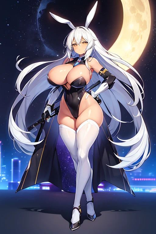 1girl, dark-skinned female, breasts, large breasts, wide hips, white hair, silver hair, grey hair, long hair, yellow eyes, serious, leotard, black leotard, futuristic, tech, science-fiction, machinery, neon, neon trim, neon lights, full body, ((full body)), bare legs, city, moon, nightsky, night sky, night, rabbit ears, mature female