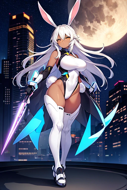 1girl, dark-skinned female, breasts, large breasts, wide hips, white hair, silver hair, grey hair, long hair, yellow eyes, serious, leotard, black leotard, futuristic, tech, science-fiction, machinery, neon, neon trim, neon lights, full body, ((full body)), bare legs, city, moon, nightsky, night sky, night, rabbit ears, mature female