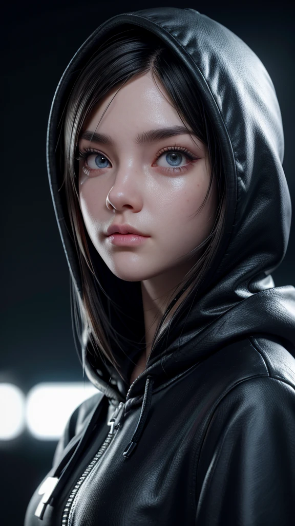 3D girl in a black hoodie with the hood up,cyberpunk mask, with a hacker look gazing forward, dynamic lighting, blurred background,semi realista, extremely detailed face, beautiful detailed eyes, beautiful detailed lips, long eyelashes, highly detailed, 8k, professional, photo-realistic, intricate, cinematic lighting, dramatic shadows, vibrant colors, cinematic composition,mascar