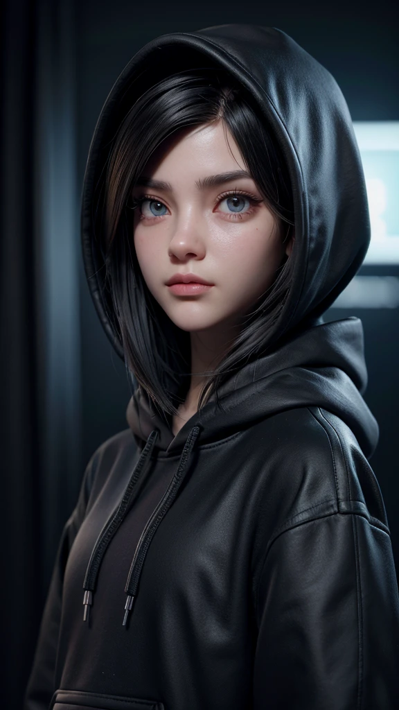 3D girl in a black hoodie with the hood up,cyberpunk mask, with a hacker look gazing forward, dynamic lighting, blurred background,semi realista, extremely detailed face, beautiful detailed eyes, beautiful detailed lips, long eyelashes, highly detailed, 8k, professional, photo-realistic, intricate, cinematic lighting, dramatic shadows, vibrant colors, cinematic composition,mascar 