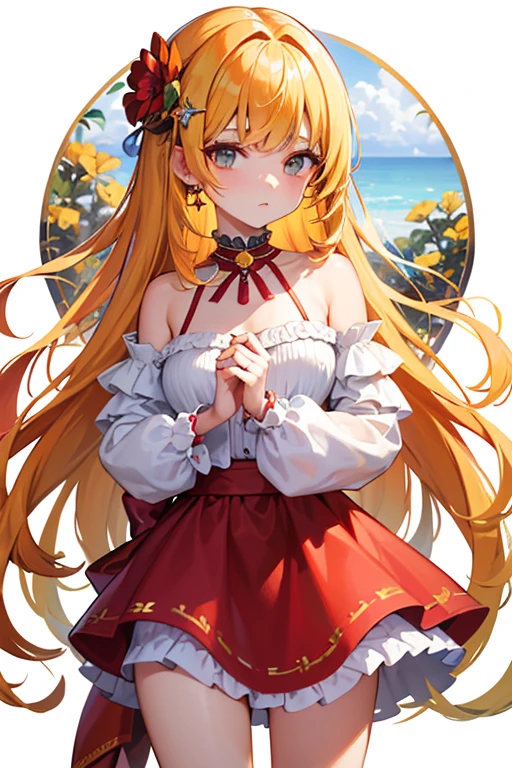 absurderes, high resolution, 1 girl, standing alone, extremely detailed  eyes, star of the sea, seaseashell, seashell, flowers, hair ornament, jewerly, looking ahead at viewer, tem flowers,  hair clip, earrings, red flowers,  yellow flowers, bangss, multicolored hair, orange flowers, hair blonde, ring, long hair,  chestnut hair, seashell hair ornamen