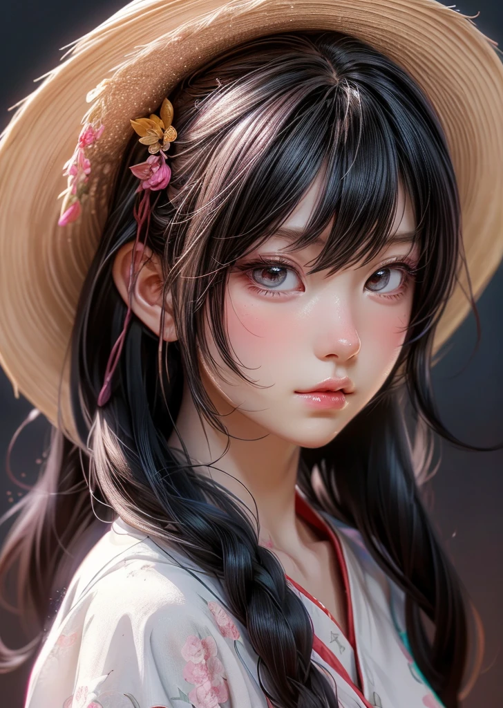 (masterpiece, Highest quality, Highest quality, Official Art, beautifully、beautiful:1.2), (1 girl), Very detailed,(Fractal Art:1.3)、Anime girl with long black hair wearing a straw hat, Anime Style 4k, Beautiful anime portraits, Anime Moe Art Style, anime art wallpaper 4k, anime art wallpaper 4k, High quality anime art style, Anime style portrait, Gwaiz, artwork in the style of Gwaiz, Detailed digital anime art, Anime Art Wallpapers 8K, Cute Anime Girl Portrait