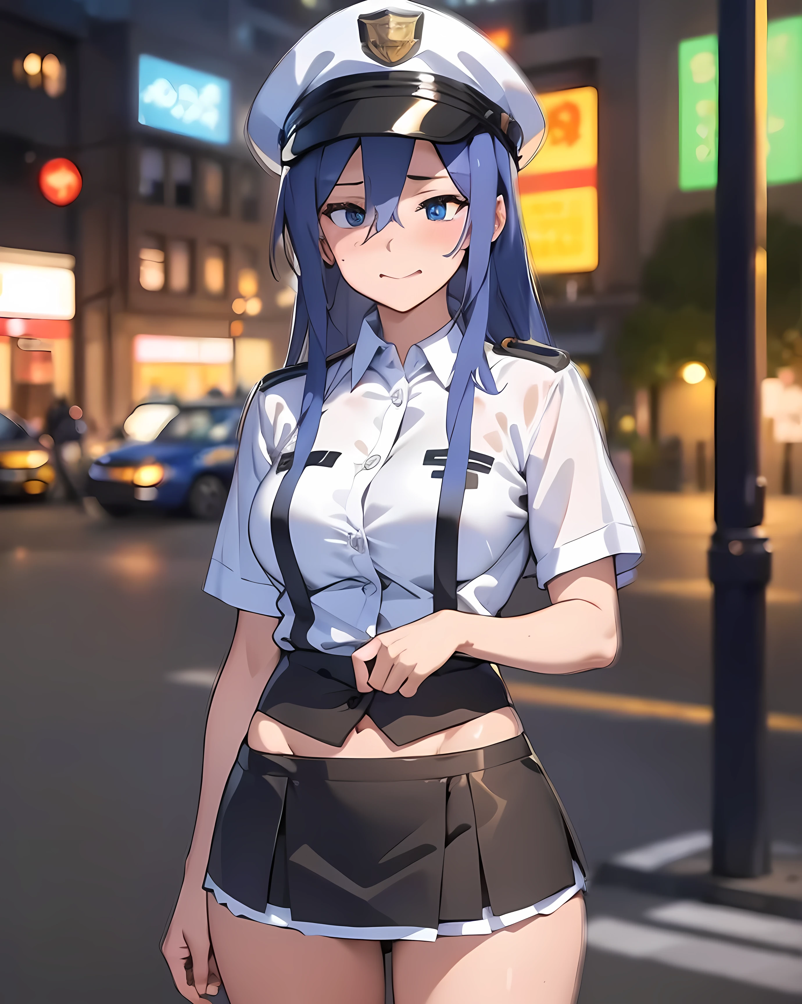 (masterpiece:1.2, Highest quality), (Realistic, photoRealistic:1.4),Beautiful illustrations,(Natural Side Lighting, Cinema Lighting),1 female,Japanese,Mature Woman,Ahegao,Female police officer on patrol,28 years old,Perfect Face, Symmetrical face, Glowing Skin,Blue Hair,Big eyes,Sexy Eyes,(smile),(whole body),break((Police Officer Shirt)),((Tight mini skirt))(Police hat),(The background is a street corner:1.5),(((Background Blur:1.5))),((Police uniform)),(((Standing posture)))