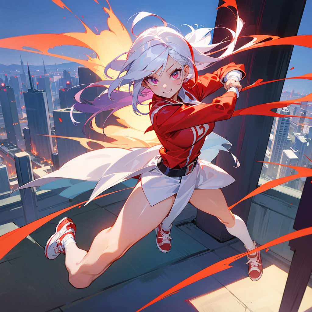 Screenshot of my hero academy , a young girl with white hair and a red streak and her eyes are red and her skin is light, She is wearing her heroine outfit and red sneakers., in the background you can see a building or city , Whole body, with a smile and friendly He has the super power of purple fire