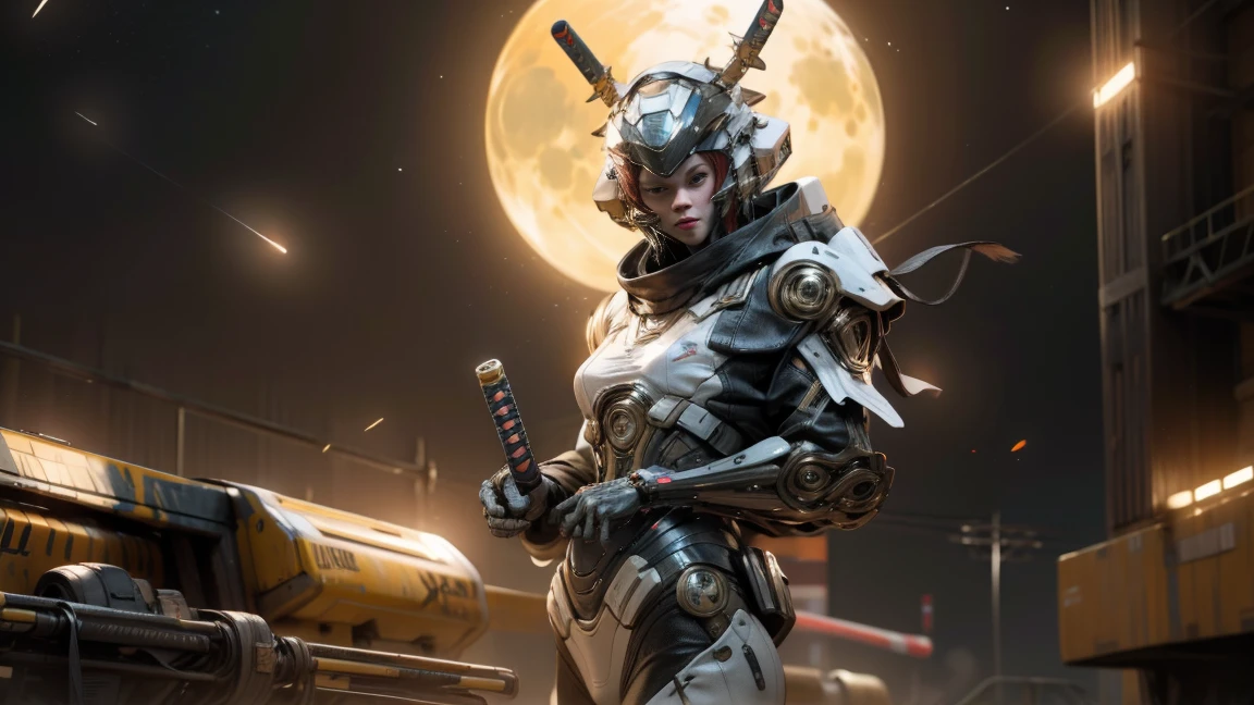 a guy on the moon with a spacesuit and a helmet in his hands. the background is space, stars and a falling meteorite . and to his left are flying cyberpunk advertising signs ., 8k octane 3d render, 8 k octane detailed render, cyberpunk samurai, cyberpunk art ultrarealistic 8k, fantasy style 8 k octane render, octane 8k render, octane 8 k render, cyberpunk blue flame suit,blue flame aura, high - tech,katana swords, blue