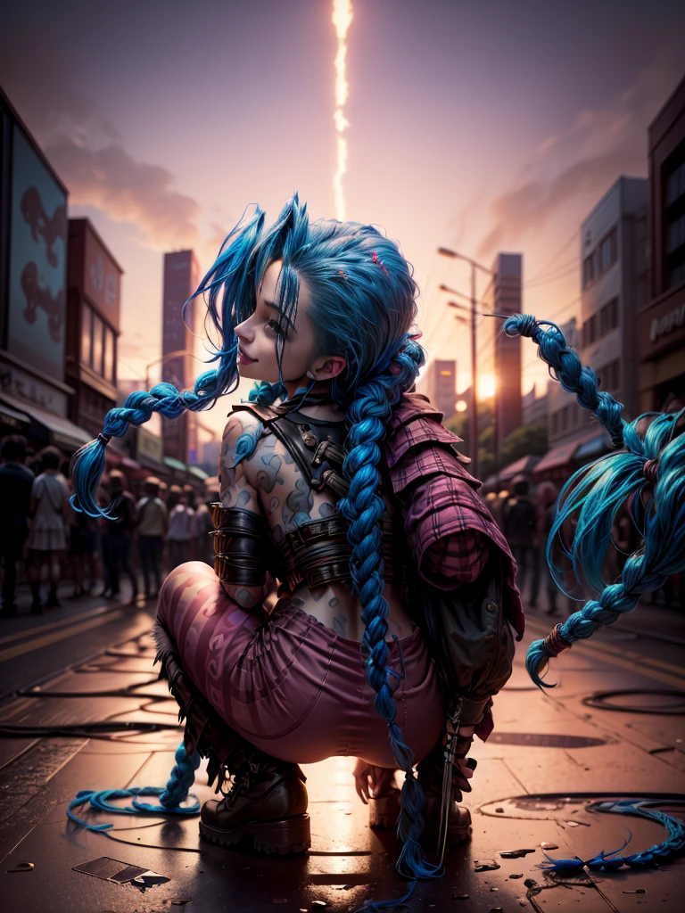 ((Jinx wears a Harajuku Tech costume), Cowboy-shot, wind, tousled hair, (Aesthetics and atmosphere:1.2),smiling, Laugh, from the back, crouching