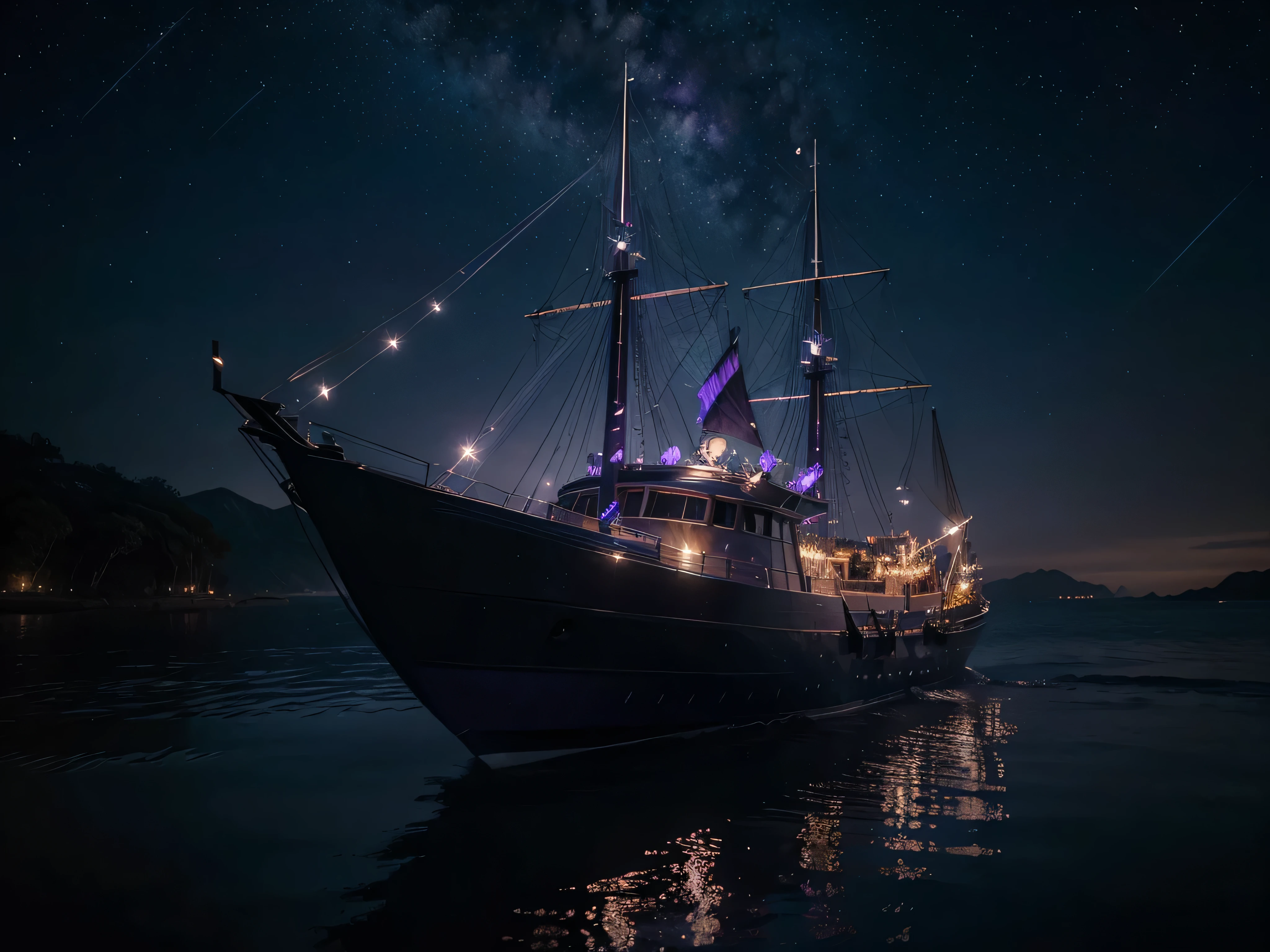 A dazzlingly dark glam-goth skiff navigates the starry skies, its sleek form adorned in shimmering chromatic hues. This cartoon image is a digital painting rendered in exquisite detail, capturing the skiff's edgy yet elegant design. Each rivet and panel gleams with a metallic sheen, while swirls of deep purples and blues envelop the vessel in an aura of mystique. The twinkling stars above reflect off its polished surface, adding a surreal, otherworldly beauty to the scene. This high-quality image truly transports viewers to a realm where glamour and darkness converge in stunning harmony.