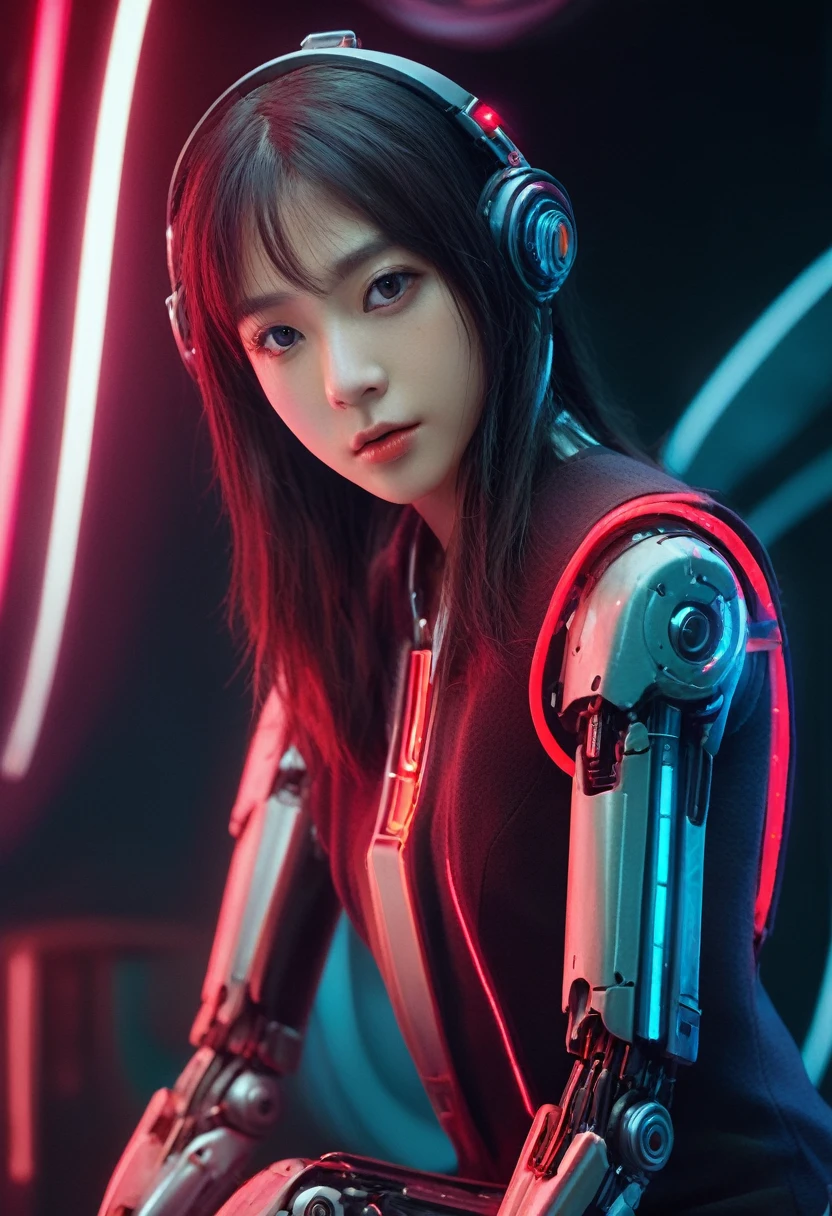 xxmixgirl. Highly detailed professional 35mm film, bokeh, face in sharp focus. A robotic female, Miku, with ((metal skin)), ((perfect Asian eyes)) with magenta irises and ((black pupils)), beautiful serious (detailed face), 18 year old ((photorealistic face)), very long magenta twin tails of magenta hair, twin black hair ties with a single red stripe. She may have a black audio headpiece. We can see her ((full body)) down to her boot soles. Her outfit is a sleeveless collared light grey shirt, outlined in red around the frilled collar and hems. Shiny reflective ((metallic breast cups, dimpleless)), invisible nipples. She wears black sleeves with red hems that start around her upper arm and bellow out as the sleeves open and extend to her wrists, with wide trumpet red rimmed cuffs. She has perfect robotic (detailed hands). She wears a red colored tie with two horizontal solid parallel black lines halfway across. She wears a fabric black skirt with a horizontal red hem at the bottom all the way around; her (((black skirt wraps around her))) and ((her skirt completely covers)) her robotic waist and thighs. Tall black boots with red bottom soles, a red rim around the top at her thighs. Her mechanical shoulder joints are visible. We can see her robotic legs and robotic neck. Half of her is covered with shiny polished machinery. The background is a distant dark neon futuristic Japanese city, gold, cyan, violet neon, near harbor or mountains.