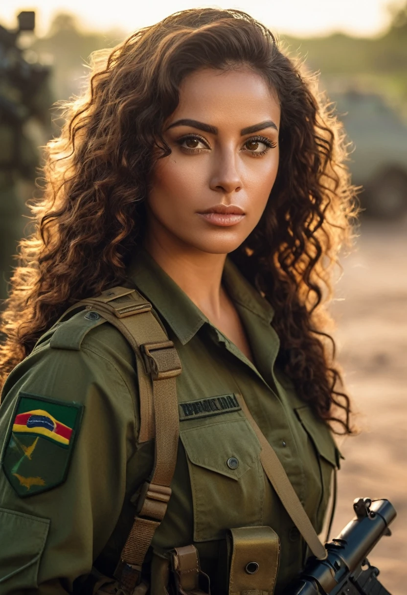 A Brazilian woman with long curly brown hair and brown eyes, brunett, 30 years old, tanned, beautiful latin face, attractive female face, dressed in military attire, gun in hand, atmospheric, army capitain, army aesthetic, golden hour, Dramatic lighting reminiscent of Call of Duty and Escape from Tarkov Private Military Company (PMC), on the right arm, there is volumetric lighting, soft glow, Depth of field, highly detailed photograph, low-contrast, pastel colours, como Kodak Portra 400, in 8K resolution, looking ahead at viewer, perfect hands, war zone background, Brazilian military, Brazil flag tag INFO