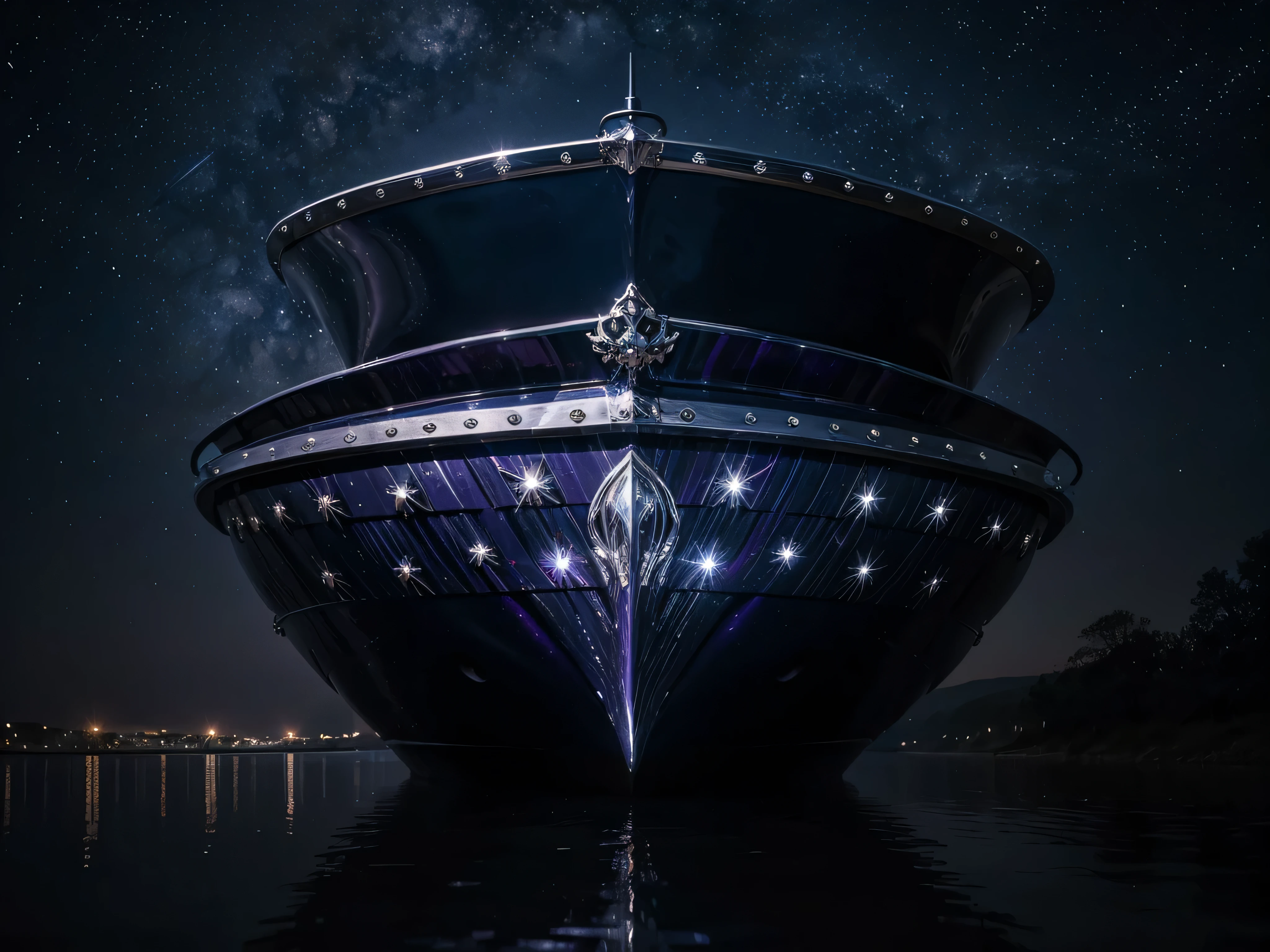 A dazzlingly dark glam-goth skiff navigates the starry skies, its sleek form adorned in shimmering chromatic hues. This cartoon image is a digital painting rendered in exquisite detail, capturing the skiff's edgy yet elegant design. Each rivet and panel gleams with a metallic sheen, while swirls of deep purples and blues envelop the vessel in an aura of mystique. The twinkling stars above reflect off its polished surface, adding a surreal, otherworldly beauty to the scene. This high-quality image truly transports viewers to a realm where glamour and darkness converge in stunning harmony.