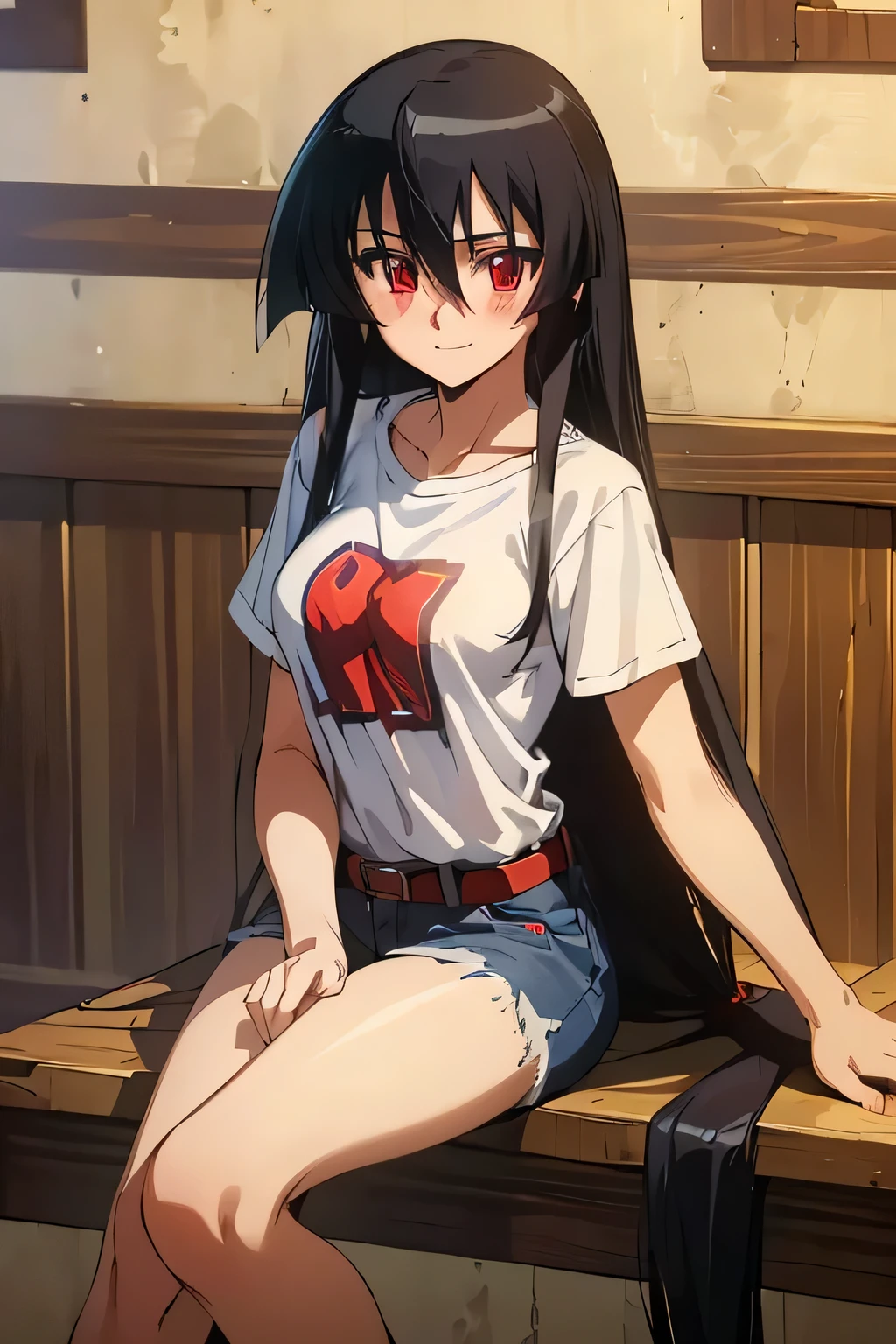 ((Master piece , best quality )),perfect face ,perfect eyes, beautiful red eyes, black hair,(( very long hair )),between eyes hair , blushing ,smile,looking at me, full body,cowboy shot,sexy pose, ((1girl,solo)),Akame, ((T-shirt, white shirt ,jeans  short )),sitting on the table 