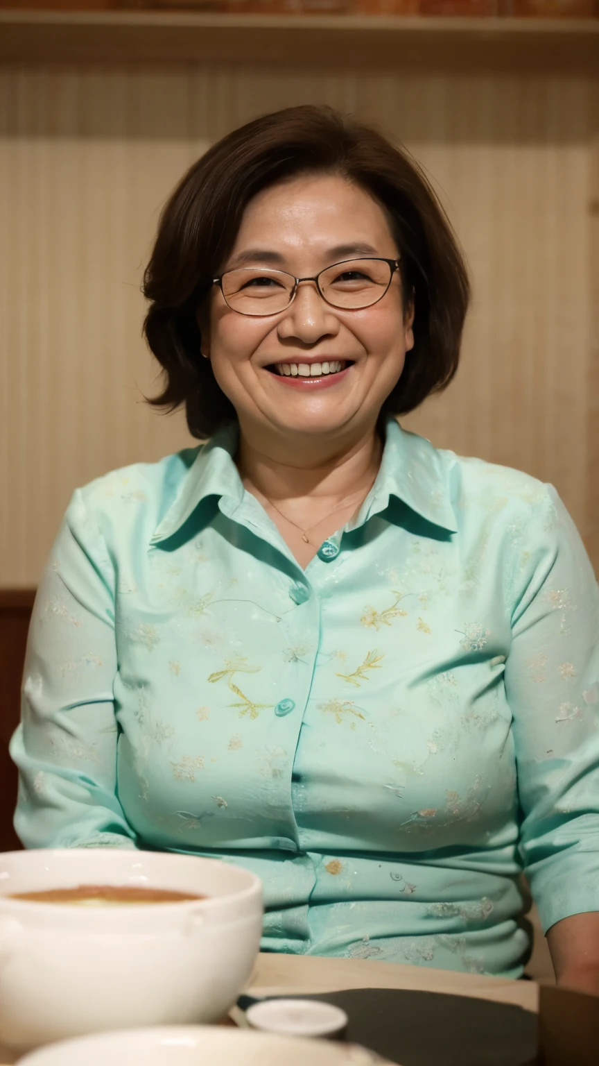 8k wallpaper, masterpiece, Highest quality, Very detailed, One Mature Woman, 50 years old, Become very clear, Wearing a spring-like shirt, Skin dents, Captivating smile, Looking at the audience, , Plump, Curvaceous, Attractive face, Smiling with teeth showing, I was happy, sitting in a cafe, Background Blur